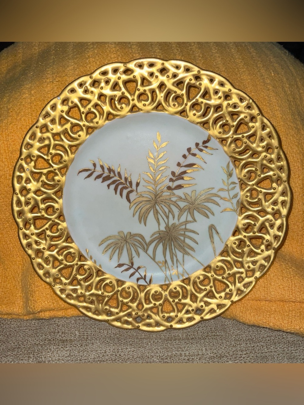 Antique Gold Filigree Decorative Plate with Gold Palm Motif